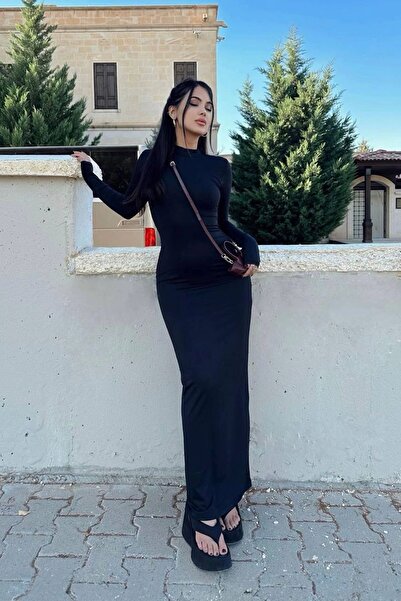 Bak Moda Long Sleeve Basic Long Black Sandy Dress