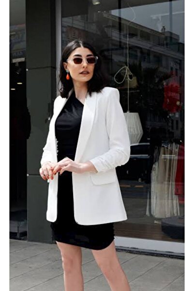 Elizar Moda سترة بليزر بأكمام أطلس وتفاصيل مجمعة