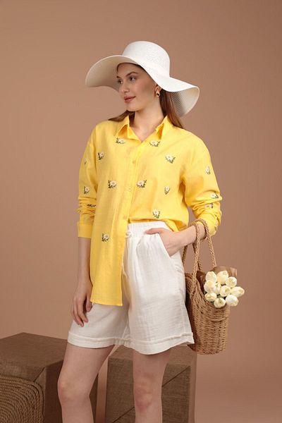 ziend fashion New Season Ecru Women's Shorts - Muslin Fabric Summer