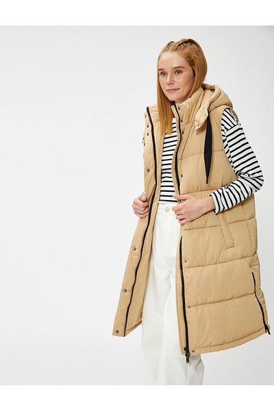 Koton Lange Pufferweste mit Kapuze und Taschen