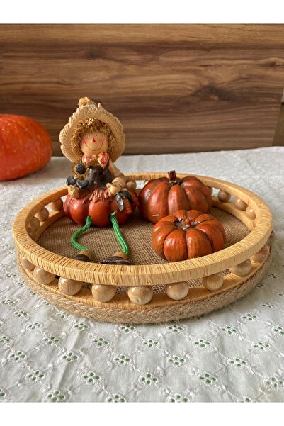 Genel Markalar Ahşap Tepsi Sepet Modeli Dekoratif Tepsi Çap 24 Cm
