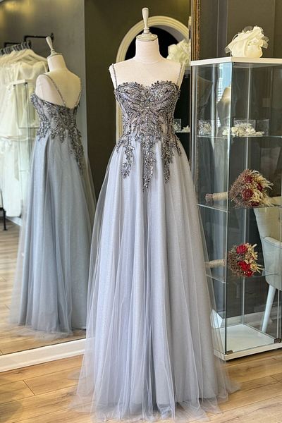 Lenta Moda Gray Glittery Lace Covered Maxi Length Evening and Engagement Dress