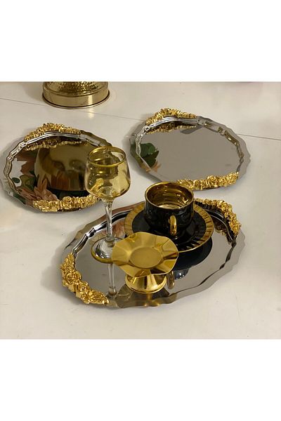 Elzemm store 20*25 CM Steel Oval Model - 3 Thick Handled Presentation Trays