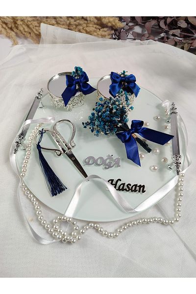 Basic Creation White Double Pearl Detailed Circle PromiSe and Coffee Tray