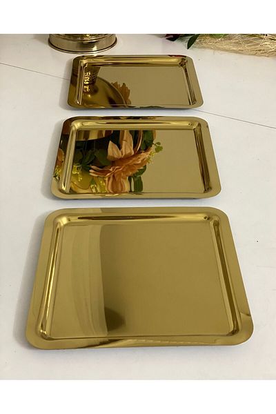 Elzemm store Shiny Gold Colored 3 Piece Square Tray - Steel Presentation