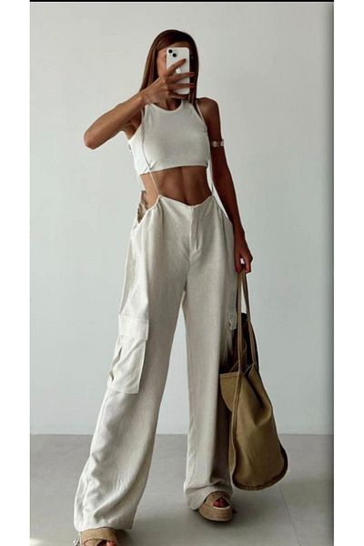 NEXUS Natural Linen Trousers - With Drawstring Detail and Pockets