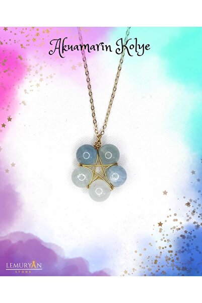 LEMURYANSTONE Orijinal Doğaltaş Akuamarin Pentagram Kolye