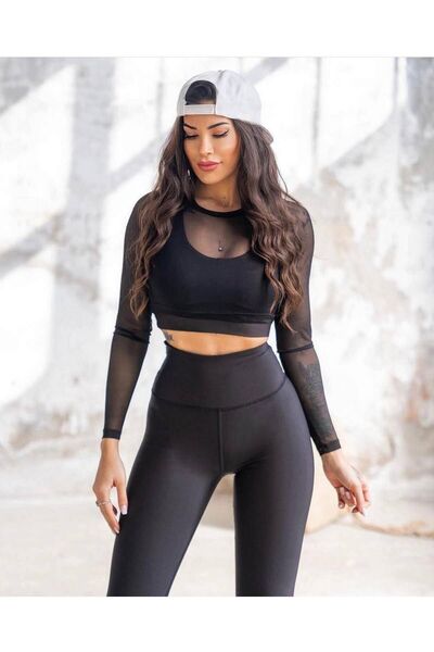 lismina Siyah Uzun Kollu Tül Spor Tişört ( Içindeki Bra Dahil Değildir )
