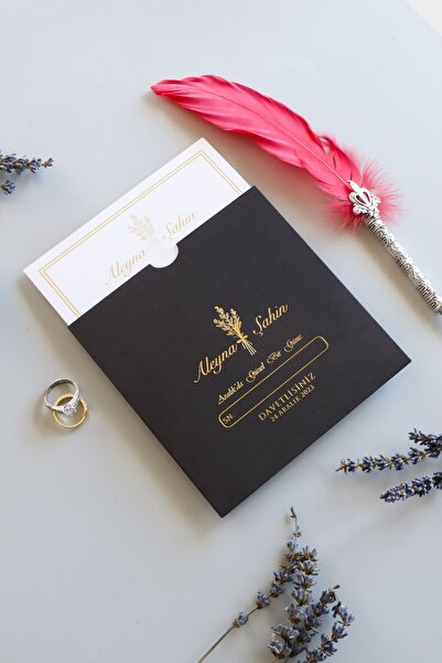 Pixel Davetiye 50-adet- Siyah Yaldızlı Davetiye - Düğün - Nişan - Kına - Sünnet - Nikah Davetiyesi - 8680