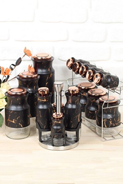 AROW Marmo Mermer Desen 17 Parça Çeyiz Seti Tr-2403 - Siyah Mermer Desenli Baharat Seti