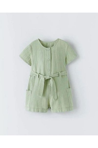 Hzmis Children's Muslin Fabric Belted Girls' Jumpsuit Salopet