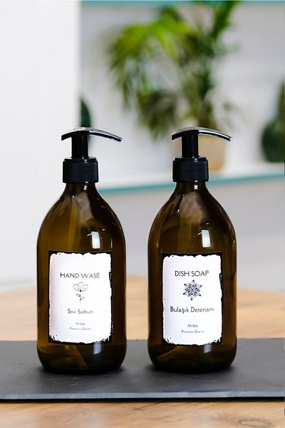 Milea 2-Piece Amber Glass Liquid Soap Dishwashing Liquid Bottle Set 500ml