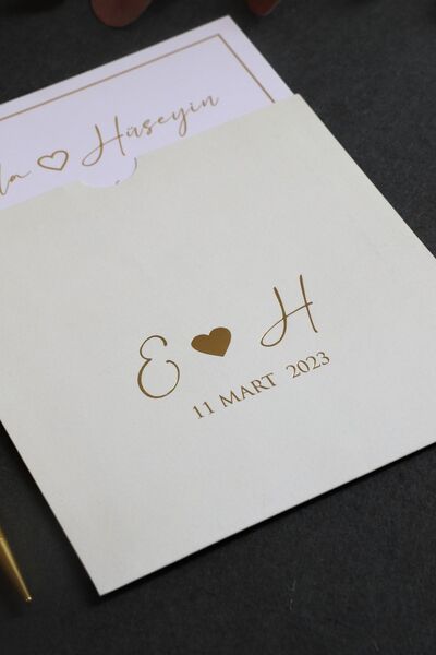 Pixel Davetiye Düğün Davetiye - 100 Adet - Altın Yaldızlı Krem - Düğün - Nişan - Kına Sünnet Davetiyesi-3121