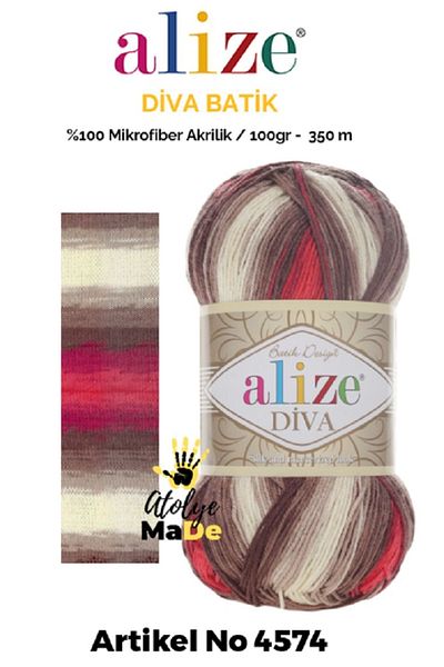 Alize Diva Batik 4574 100% Microfiber Acrylic (100gr 350m) Single Tuft 17 διαφορετικές επιλογές χρώματος Batik