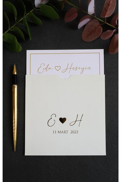 Pixel Davetiye Düğün Davetiye - 100 Adet - Altın Yaldızlı Krem - Düğün - Nişan - Kına Sünnet Davetiyesi-3121