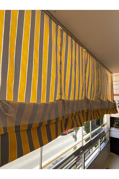 Görgülü Shop Yellow Gray Striped Balcony Curtain with String Traction Height Adjustable Thick Fabric