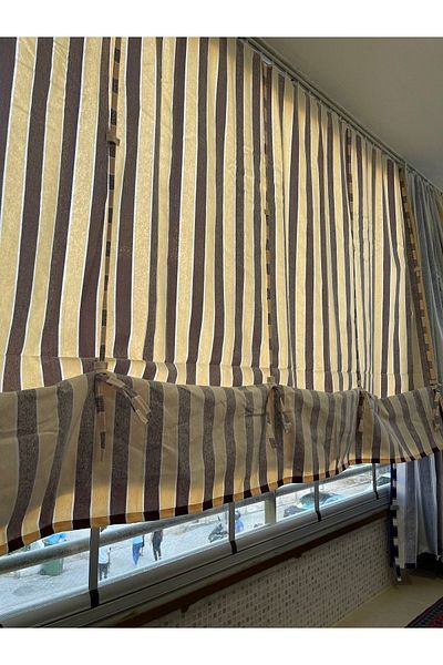 Görgülü Shop String Traction Height Adjustable Brown Cream Striped Balcony Curtain Thick Fabric