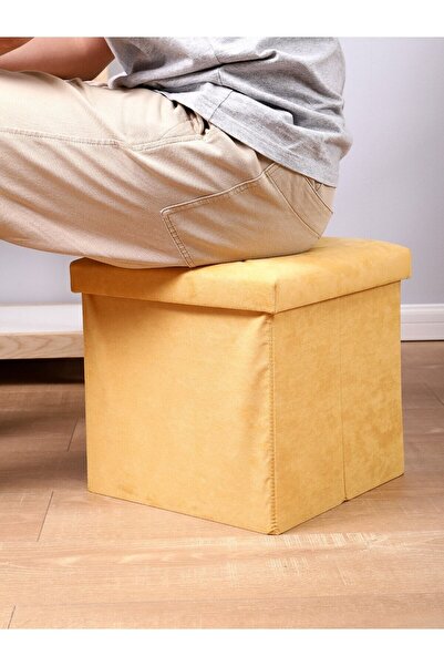 Miniso Süet Kumaş Puf Fonksiyonlu Saklama Kutusu 33cm - Sarı