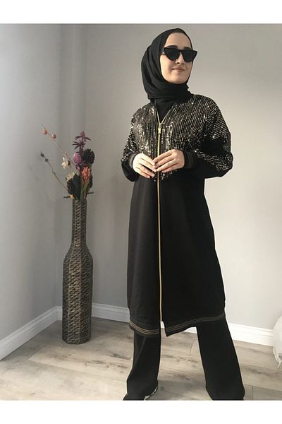 AYSUN AYDEMİR Gold Detailed Zippered Black Tracksuit Set