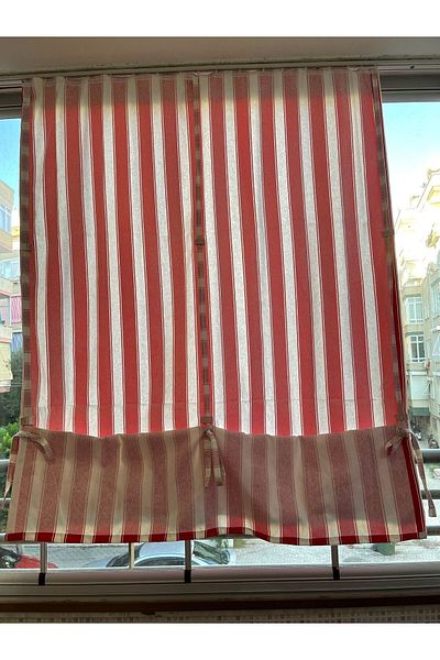 Görgülü Shop String Traction Height Adjustable Red White Striped Balcony Curtain Thick Fabric