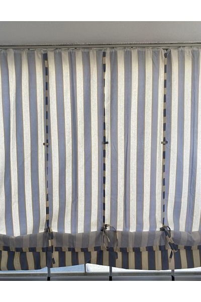 Görgülü Shop Threaded Traction Height Adjustable Gray Cream Striped Balcony Curtain Thick Fabric