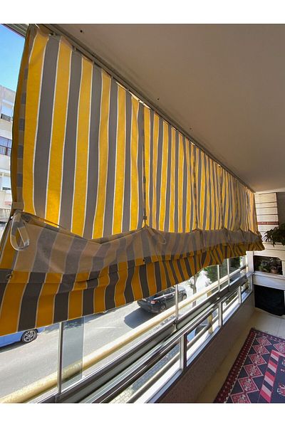 Görgülü Shop Yellow Gray Striped Balcony Curtain with String Traction Height Adjustable Thick Fabric
