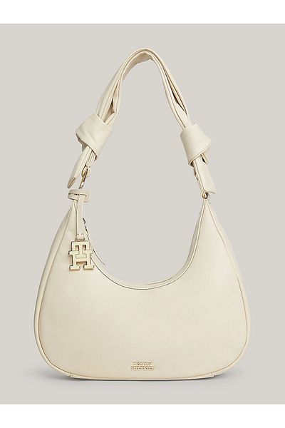 Tommy Hilfiger Women's Leather Brand Logo Zippered Daily Use White Shoulder Bag AW0AW16073-0K4