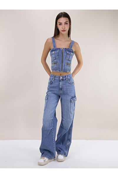 Liu Jo Γυναικείο λογότυπο με στρογγυλή λαιμόκοψη Crop μπλε μπλούζα UA4089DS059-78569