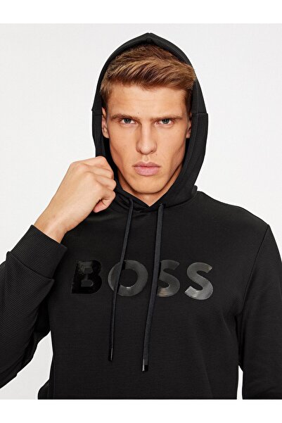 BOSS Erkek Logolu Kapüşonlu Uzun Kollu Günlük Kullanım Siyah Sweatshirt 50501222-001