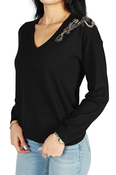 Liu Jo Kadın Yün V Yaka Uzun Kollu Siyah Kazak MF3013MS14G-22222