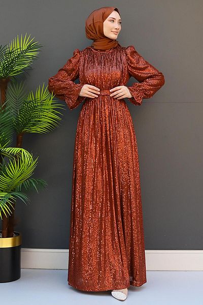 GİZ AGİYİM Brick Color Sequin Sequin Butterfly Evening Dress