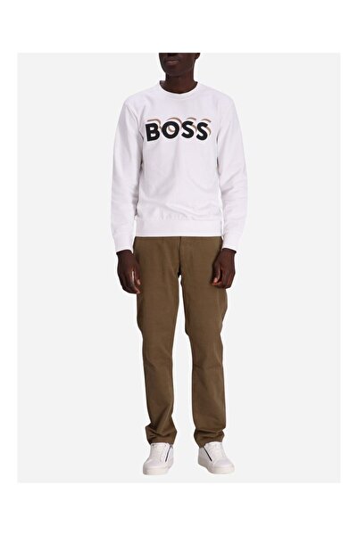 BOSS Erkek Marka Logo Detaylı Regular Fit Uzun Kollu Beyaz Sweatshirt 5050793...