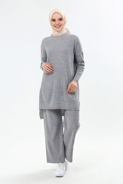 ilmek Women's Gray Braided Pants & Tunic Double Set 4278