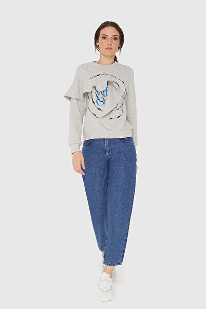 kı.we Baskılı Volanlı Örme Gri Sweatshirt