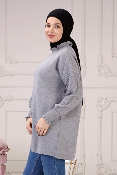 ilmek Women's Gray Sleeve Patterned Drawstring Sweater