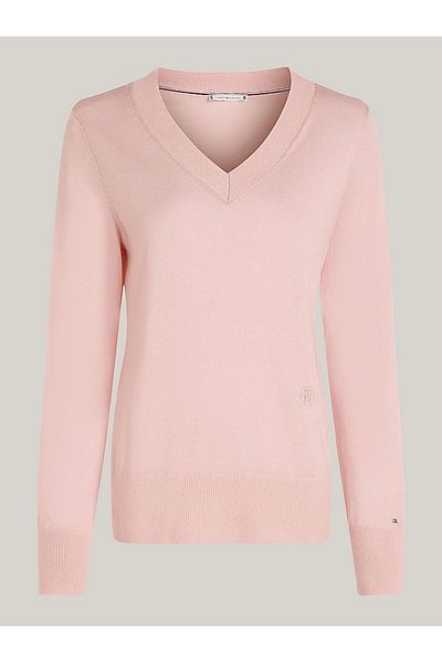 Tommy Hilfiger Women's V-neck Long Sleeve Pink Sweater WW0WW40665-TJQ