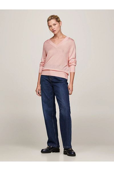 Tommy Hilfiger Women's V-neck Long Sleeve Pink Sweater WW0WW40665-TJQ