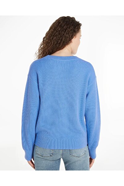 Tommy Hilfiger Kadın Baskılı Desenli Uzun Kollu Yuvarlak Yakalı Mavi Kazak WW0WW41146-C30