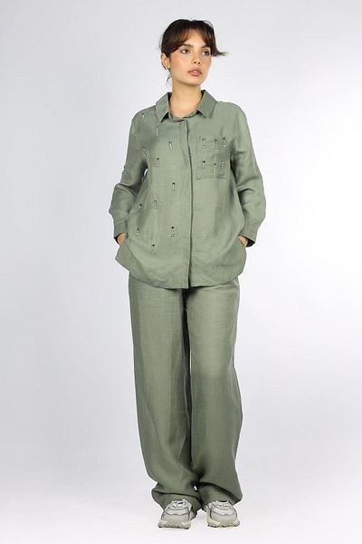Lady Gina Women's Cotton Shirt Collar Long Sleeve Button Closure Khaki Bottom-Top Set JGNBVB24Y8156-KHAKI