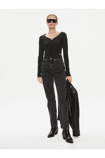 Calvin Klein جينز أسود نسائي من القطن بخصر عادي و5 جيوب بأزرار J20J222442-1BY