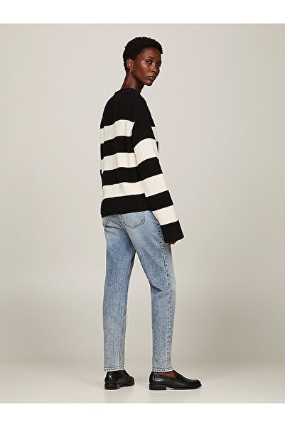 Tommy Hilfiger Kadın Logolu Yuvarlak Yakalı Uzun Kollu Günlük Kullanım Siyah-Beyaz Kazak WW0WW40751-0AS