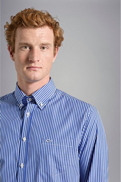 PAUL&SHARK Erkek Marka Logolu Düğmeli Gömlek Yaka Uzun Kollu Mavi Gömlek C0P3005-017