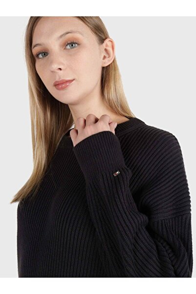 Tommy Hilfiger Kadın Logolu Yuvarlak Yakalı Uzun Kollu Günlük Kullanım Siyah Kazak WW0WW40989-BDS