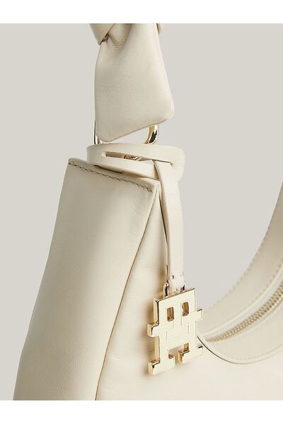 Tommy Hilfiger Women's Leather Brand Logo Zippered Daily Use White Shoulder Bag AW0AW16073-0K4