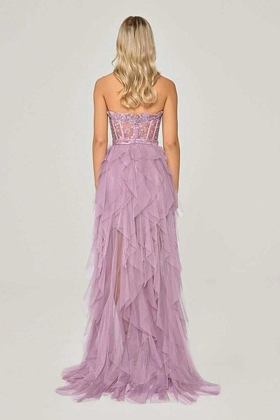 ALFABETA Women's Strapless V Decollete Slit Satin Long Lilac Evening & Graduation Dress AB6599-PINK