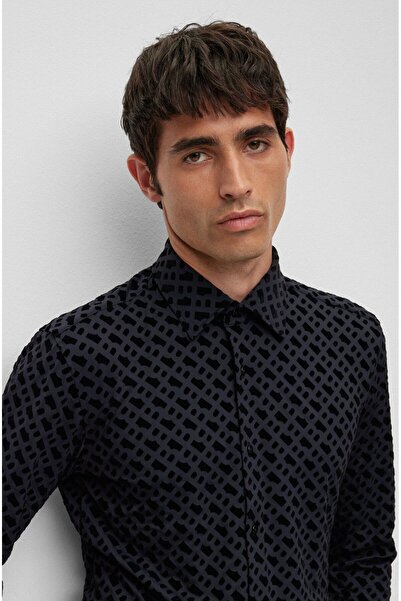 BOSS Erkek Pamuklu Gömlek Yakalı Uzun Kollu Düğme Kapamalı Siyah Gömlek 50502906-001