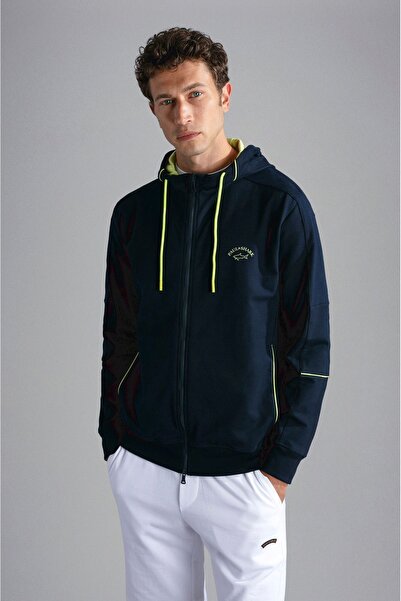 PAUL&SHARK سويت شيرت رجالي بأكمام طويلة وسحاب من العلامة التجارية باللون الأز...