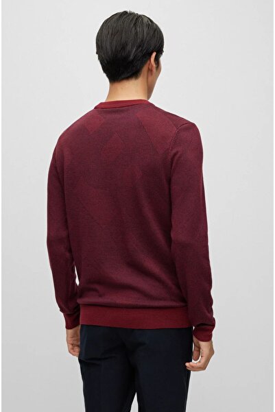 BOSS Erkek Pamuklu Marka Logolu Yuvarlak Yaka Bordo Kazak 50500675-602