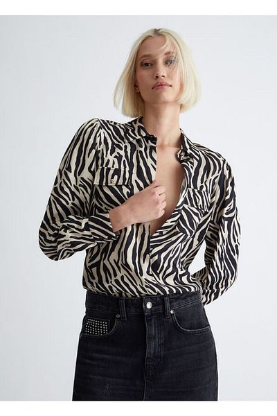 Liu Jo Women's Patterned Long Sleeve Shirt Collar Casual Black-Beige Blouse WF3018TS033-Q9693