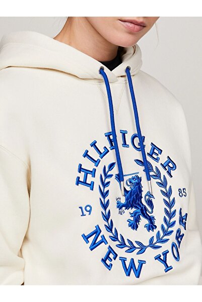 Tommy Hilfiger Kadın Marka Logolu Uzun Kollu Rahat Ekru Sweatshirt WW0WW40577-AEF